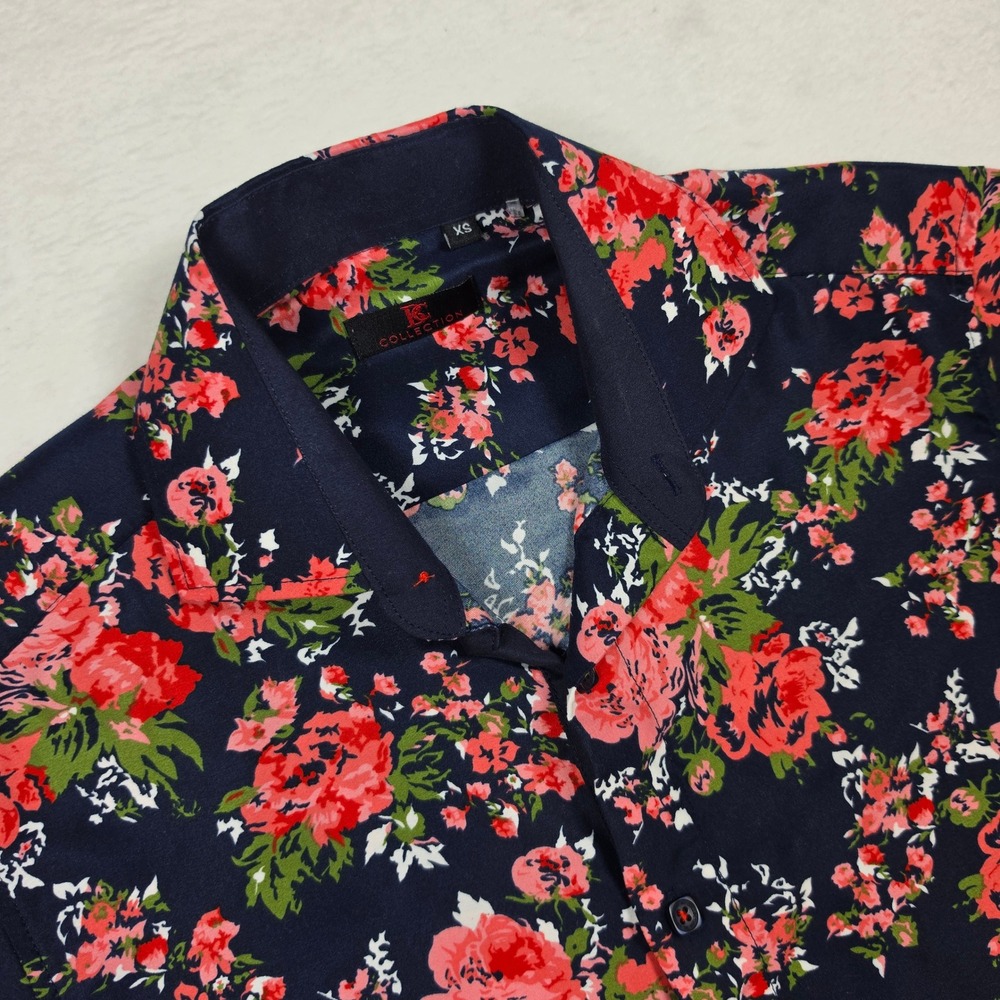 BC Collection Mens XS Floral Button Down Shirt Navy Blue Pink Rose Short Sleeve